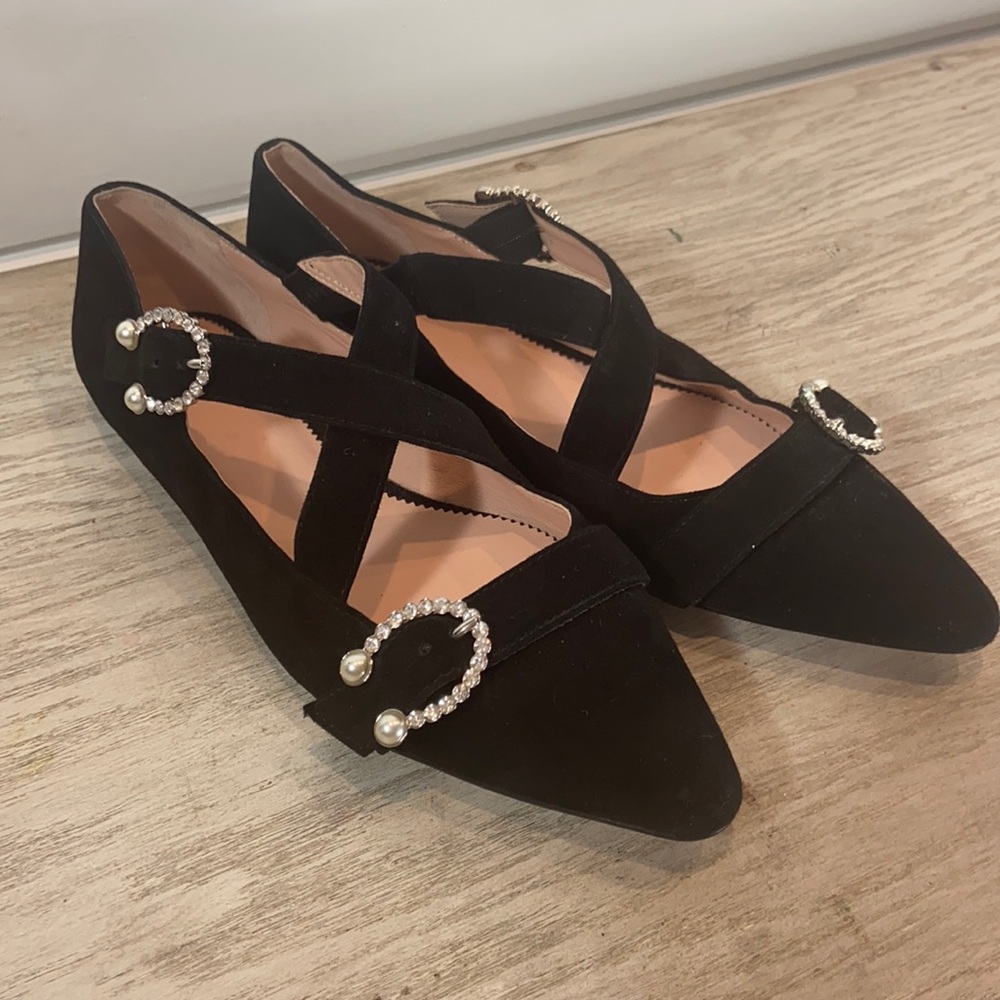 J.Crew Suede Marina Flat with Cross Strap Pearl Buckle in Black Women’s 9.5 NWOB